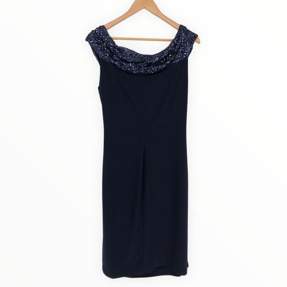 Lauren Ralph Lauren Evening Navy Sequin Trim Stretch Jersey Dress size 14 - Picture 7 of 12